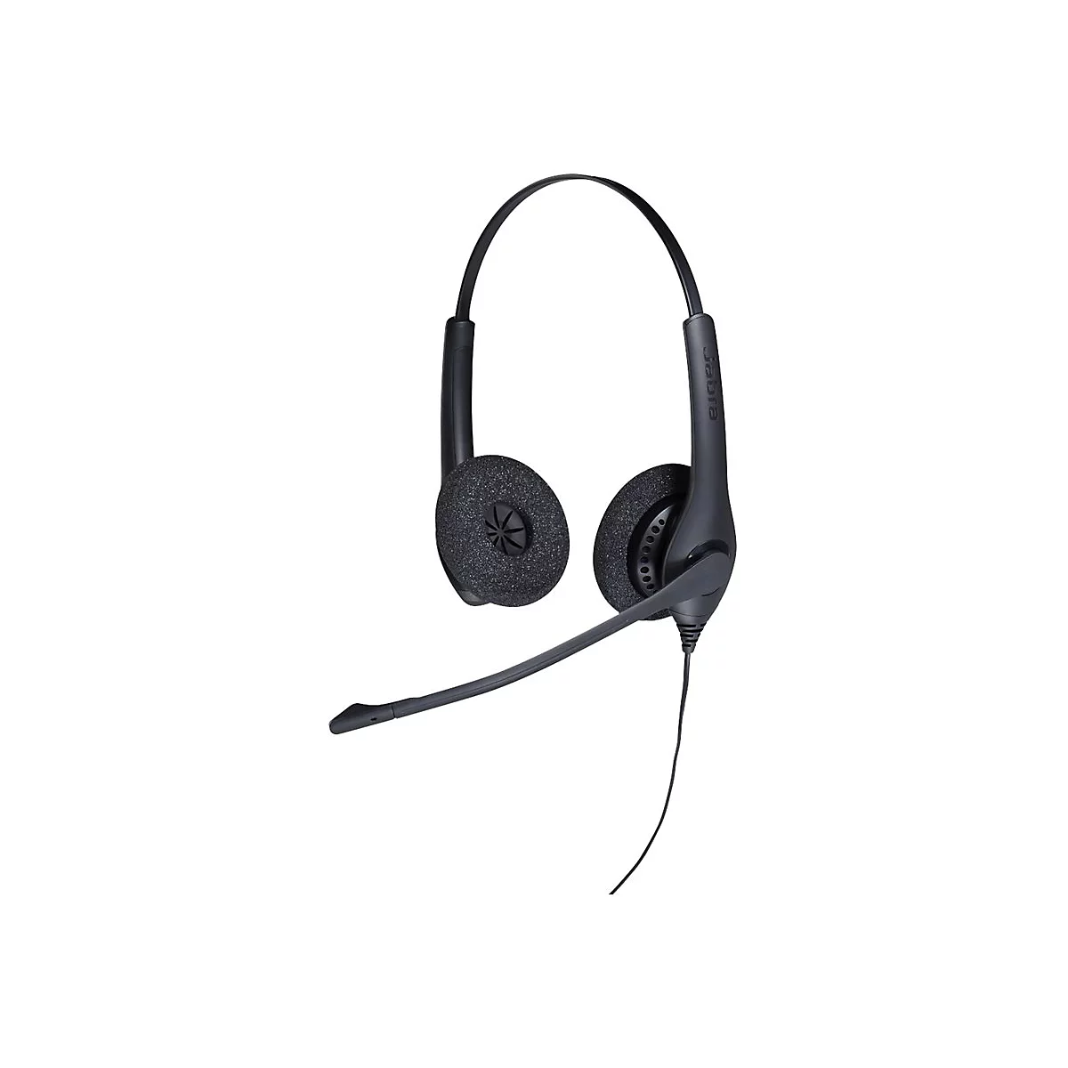 Casque noir avec microphone flottant sur fond blanc.