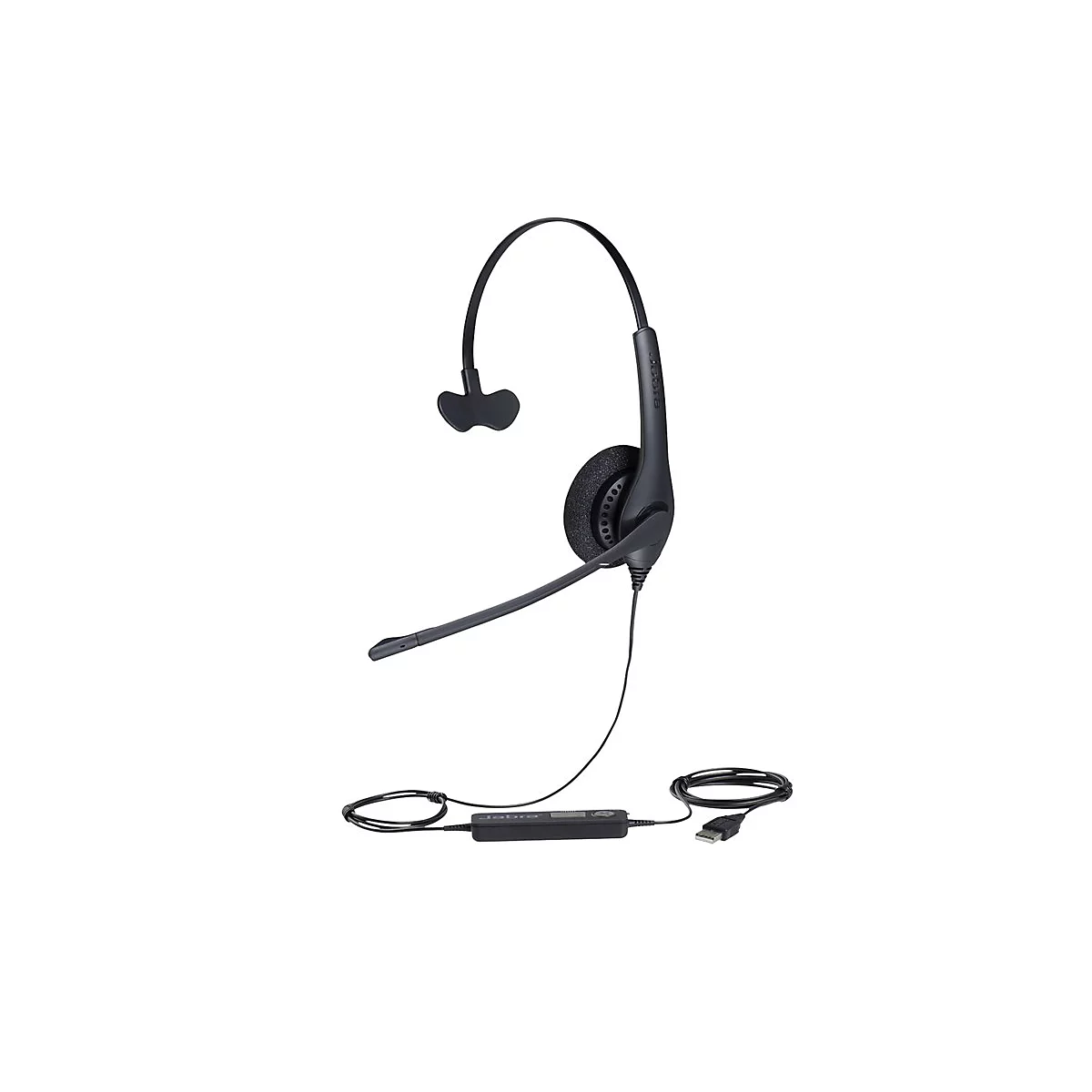 Schwarzes Headset mit Mikrofon, Bügel und Ohrpolster. USB-Kabel und Steuerung sind zu sehen.