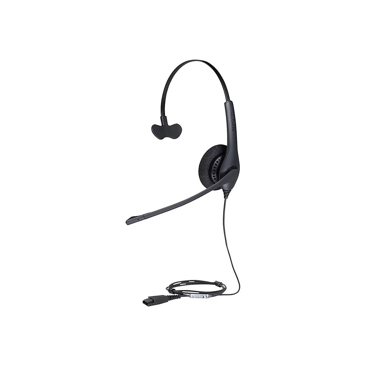 Schwarzes Headset mit Mikrofon. Ohrmuschel und Mikrofon sind gepolstert. Kabelanschluss mit Stecker.