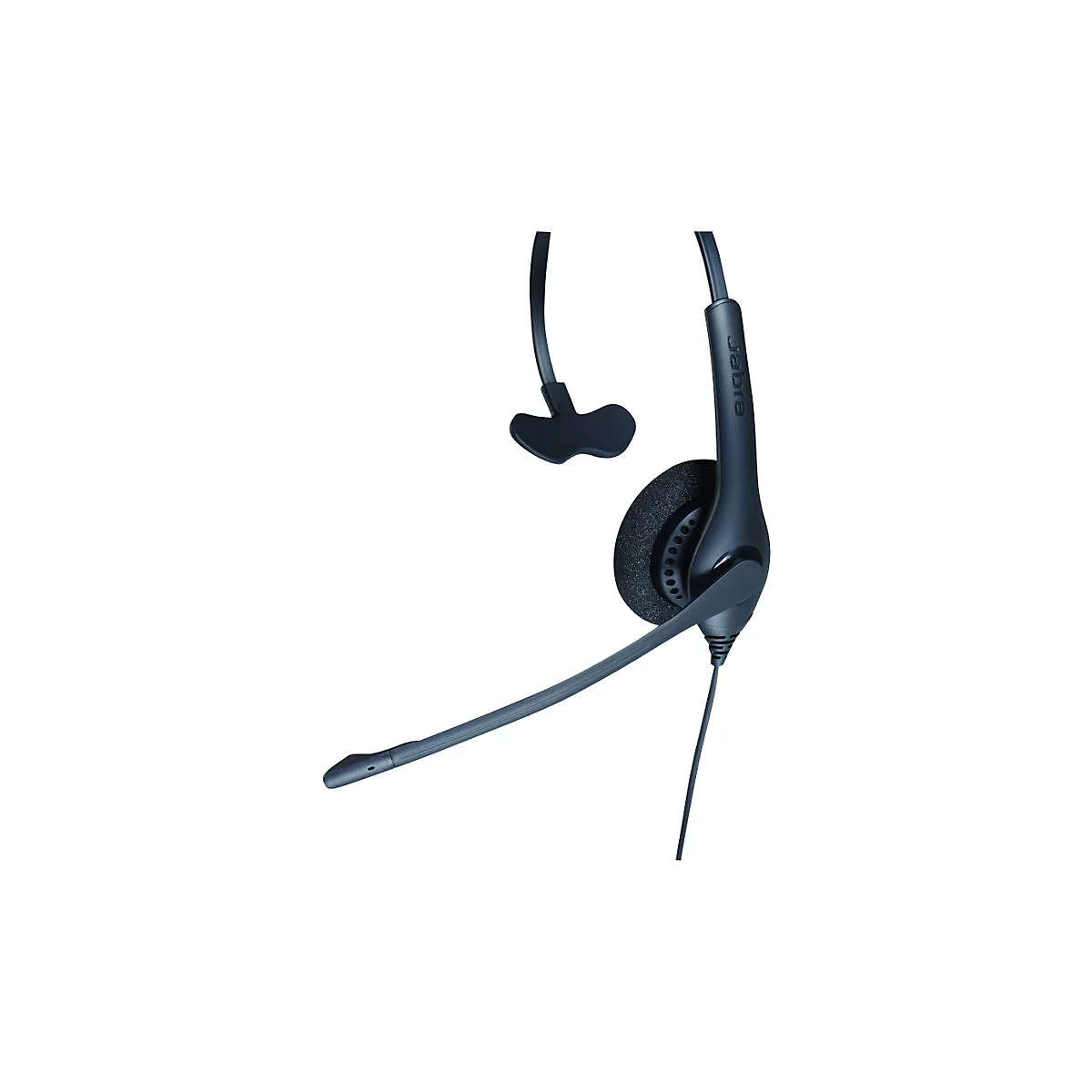 Dunkelgraues Headset, mit Mikrofon und Ohrpolster, Kabel. Auf dem Bügel steht 'Jabra'.