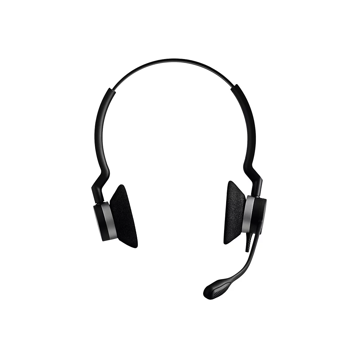 Schwarzes Headset mit Ohrmuscheln und Mikrofon auf weißem Hintergrund.