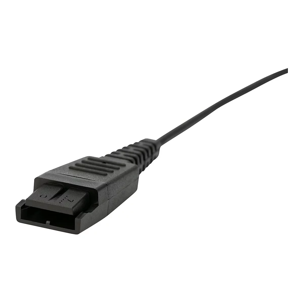 Schwarzer Stecker mit Kabel, Nahaufnahme. Der Stecker hat rechteckige Form mit zwei Öffnungen und gezacktem Mittelteil.