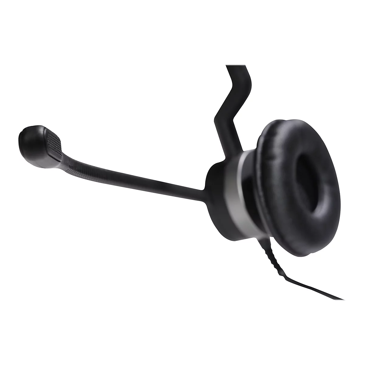 Ein schwarzes Headset auf weißem Hintergrund. Der Kopfhörer hat ein gepolstertes Ohrpolster und einen Mikrofonarm mit Mikrofon. Ein Kabel hängt nach unten.