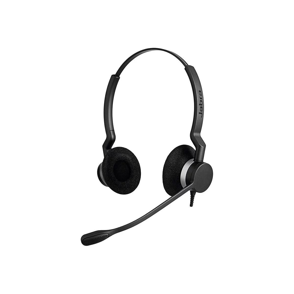 Schwarzes Jabra-Headset mit gepolsterten Ohrmuscheln und Mikrofon.