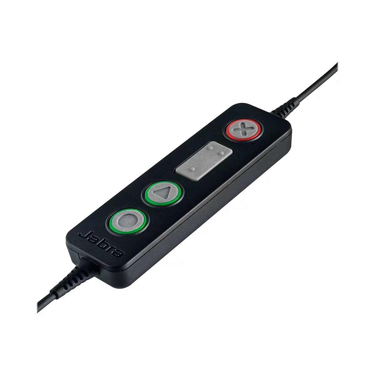 Nahaufnahme eines schwarzen Jabra-Steuergeräts mit verschiedenen Tasten und einem Kabel, das aus dem Gerät herausragt.