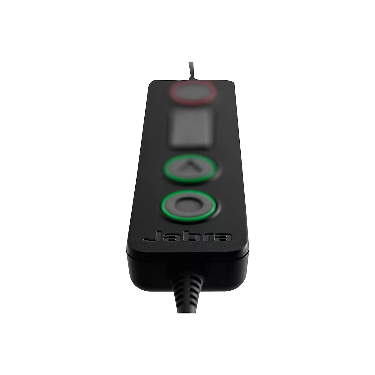 Nahaufnahme eines schwarzen Jabra-Bedienteils mit Knöpfen. Oben rot, darunter zwei grüne Knöpfe und Jabra-Logo.
