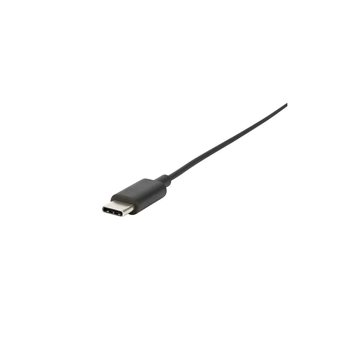Schwarzes USB-C-Kabel, diagonal von unten links nach oben rechts, isoliert auf weißem Hintergrund.