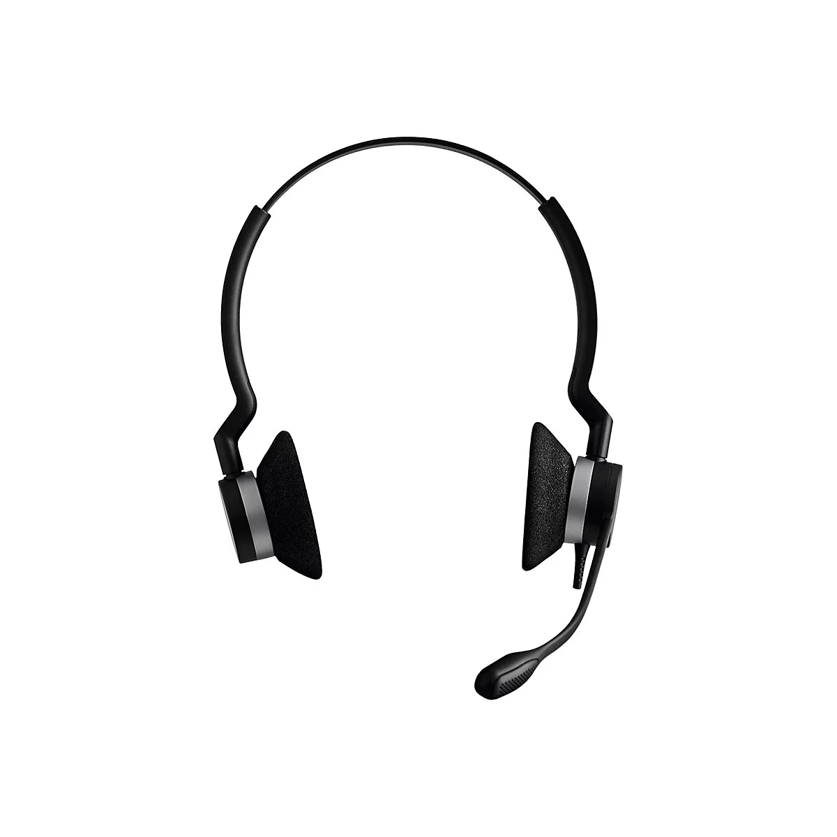 Schwarzes Headset mit Mikrofon. Die Ohrmuscheln sind mit silbernen Akzenten versehen. Das Headset ist freigestellt.