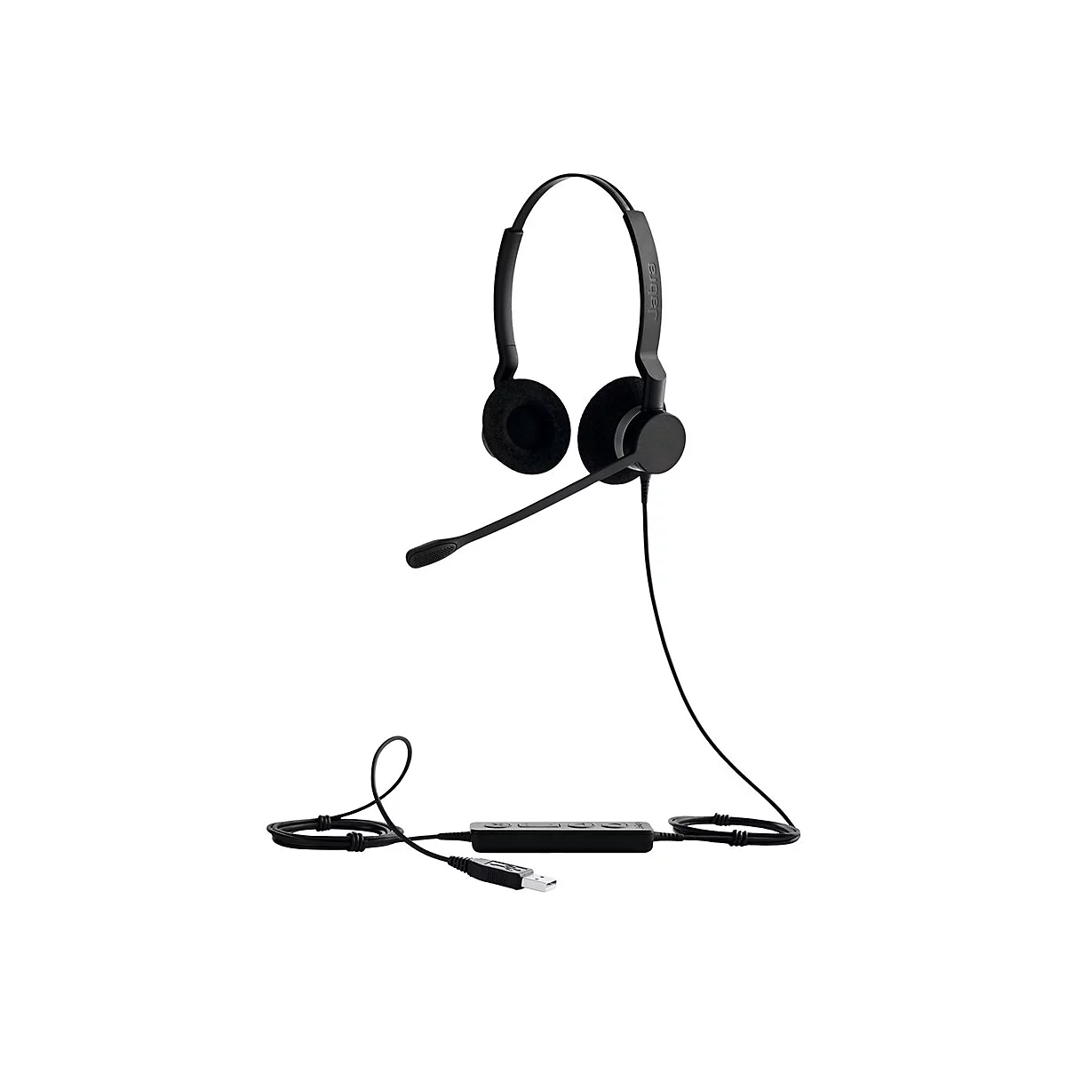 Schwarzes Headset mit Mikrofon, USB-Anschluss und Kabel. Auf weiÃŸem Hintergrund.