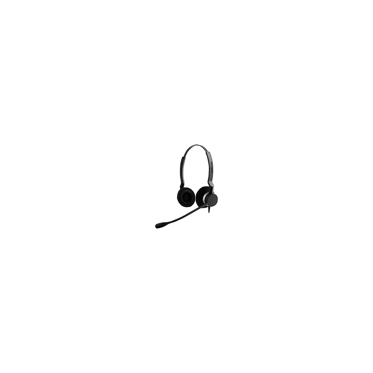 Schwarzes Headset mit BÃ¼gel, zwei Ohrmuscheln und Mikrofon. Auf dem BÃ¼gel steht Jabra.