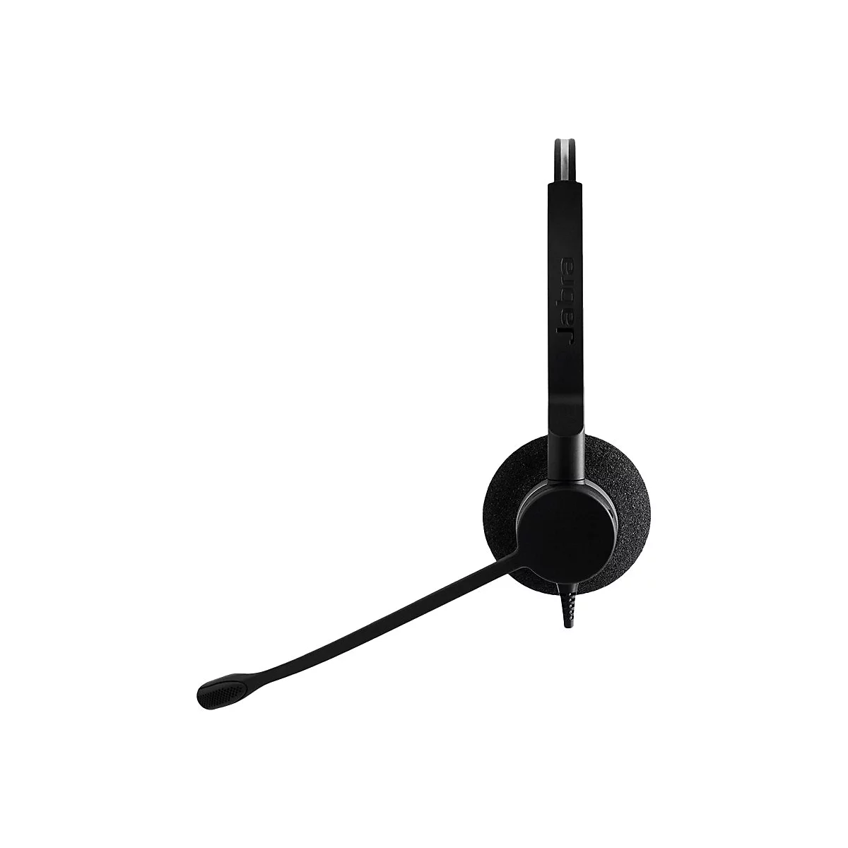 Schwarzes Headset mit Mikrofon auf weißem Hintergrund. Der Schriftzug "Jabra" ist auf dem Bügel erkennbar.