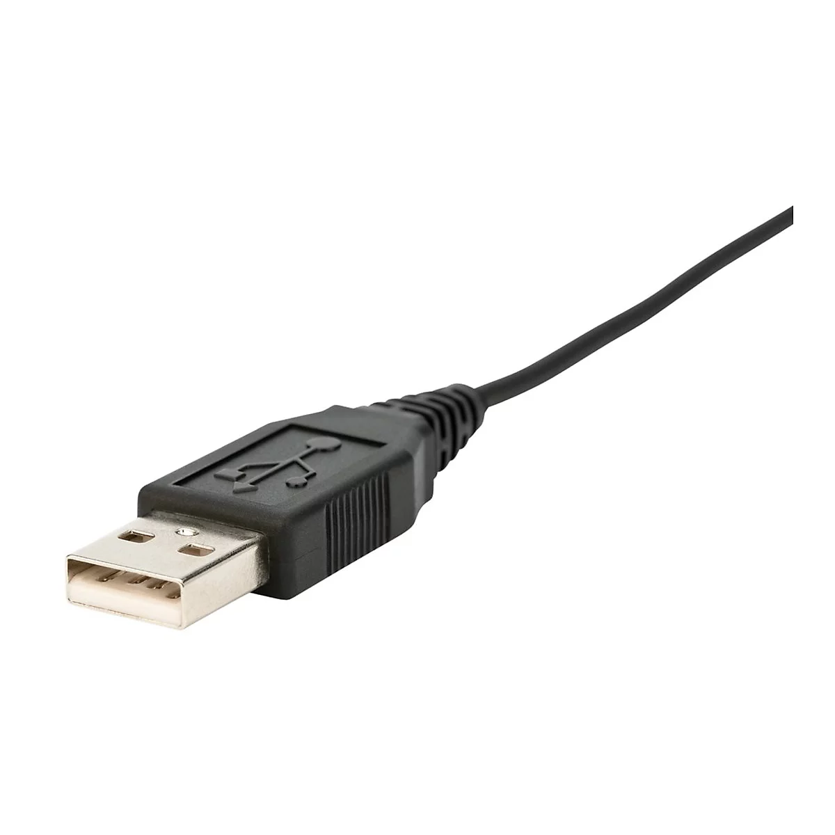 Ein schwarzes USB-Kabel mit einem silbernen Anschluss auf weißem Hintergrund. Das USB-Symbol ist deutlich auf dem Stecker abgebildet.