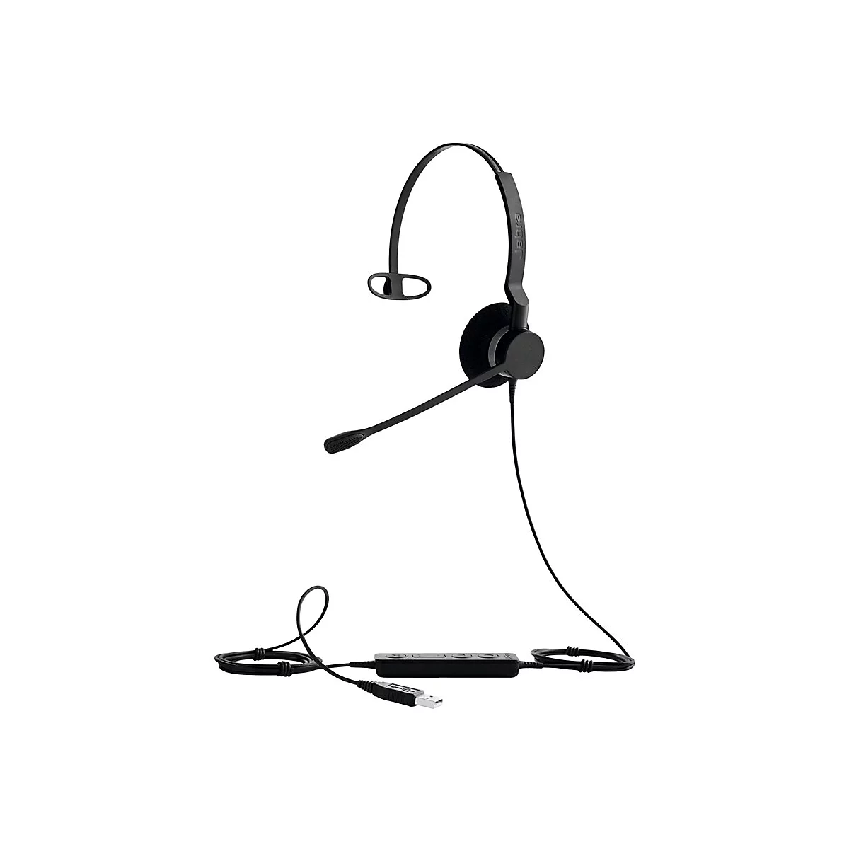 Schwarzes Headset mit Mikrofon, Kabel und USB-Anschluss. Das Headset hat ein einseitiges Design mit einem Ohrpolster.