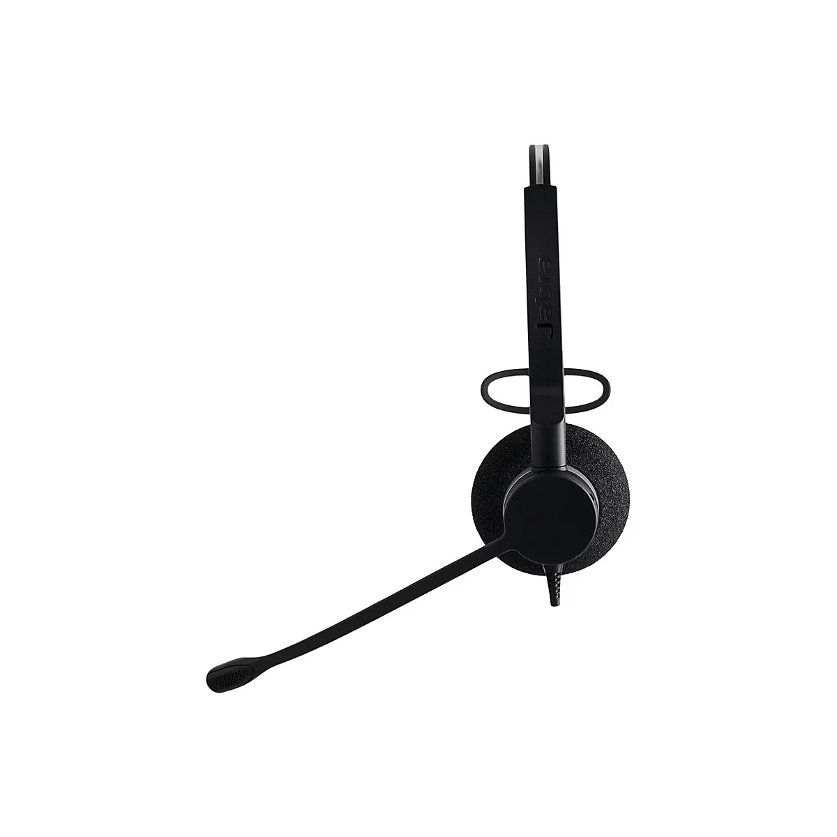 Schwarzes Jabra-Headset, Detailansicht mit Mikrofon, Ohrhörer und Bügel.