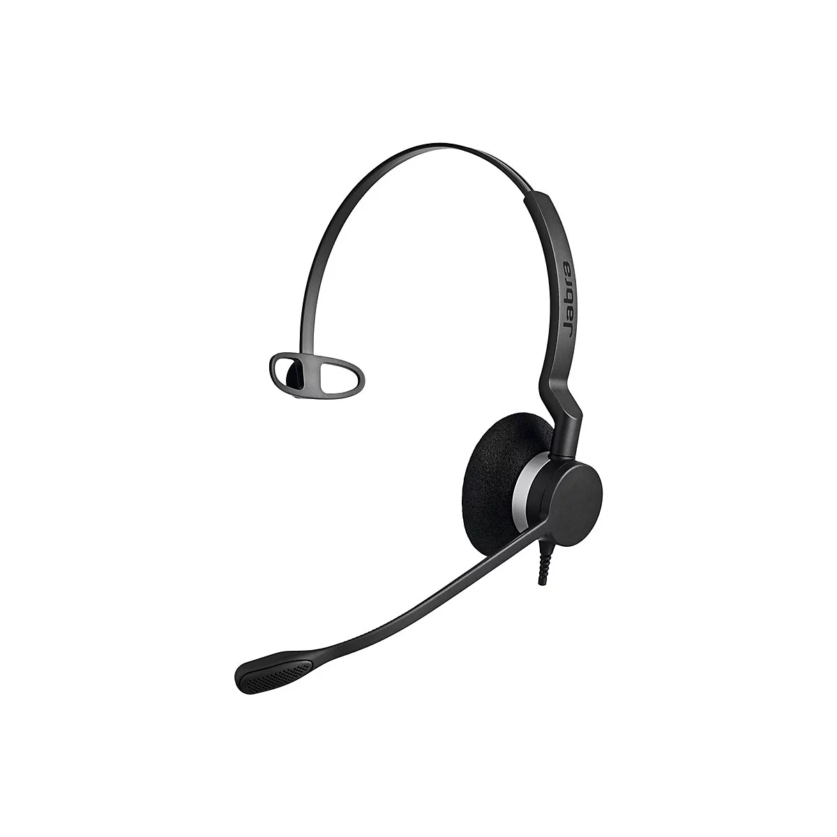 Schwarzes Jabra Headset mit Mikrofon und Ohrpolster auf weißem Hintergrund.