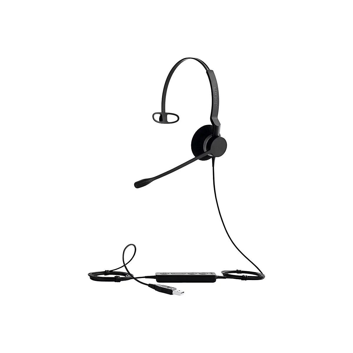 Ein schwarzes Headset mit Mikrofon und Kabel, das an ein Bedienfeld und einen USB-Stecker angeschlossen ist. Auf dem Headset steht Jabra.