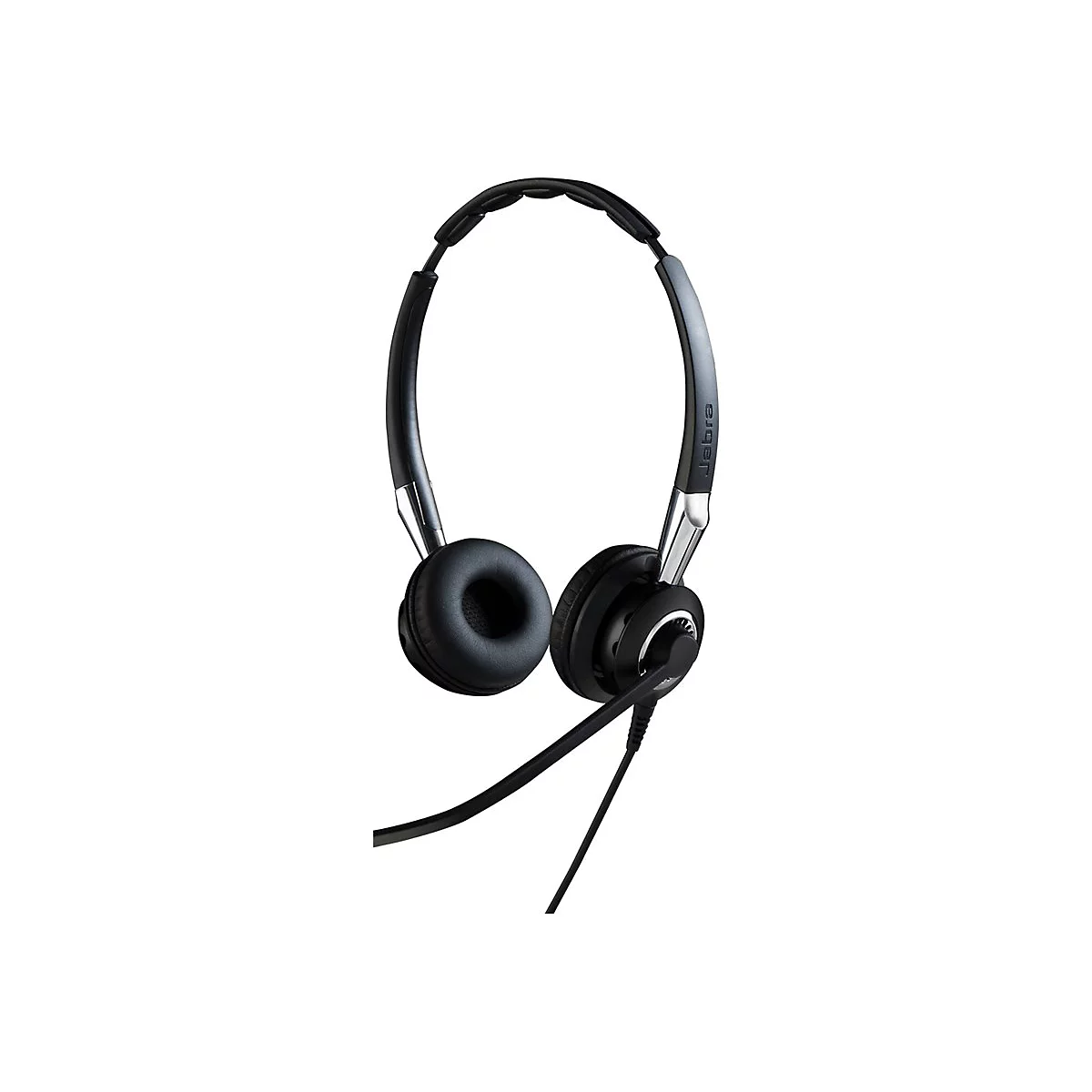 Schwarzes Jabra-Headset mit Bügel und Mikrofon vor weißem Hintergrund.