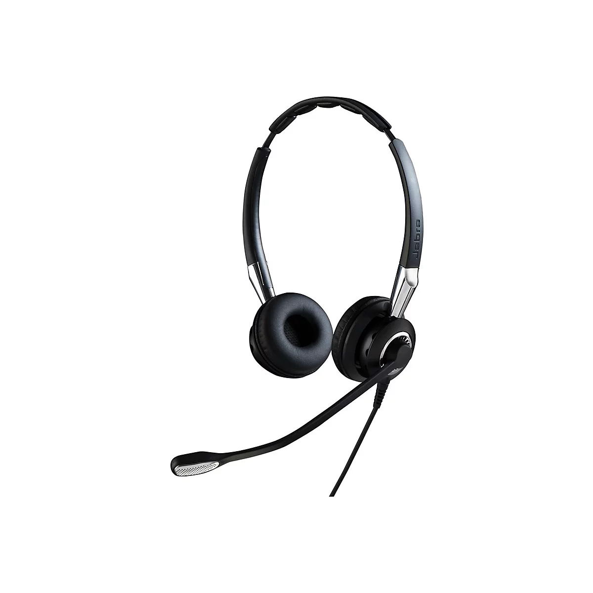 Schwarzes Jabra-Headset mit Bügel und Mikrofon, freigestellt vor weißem Hintergrund.