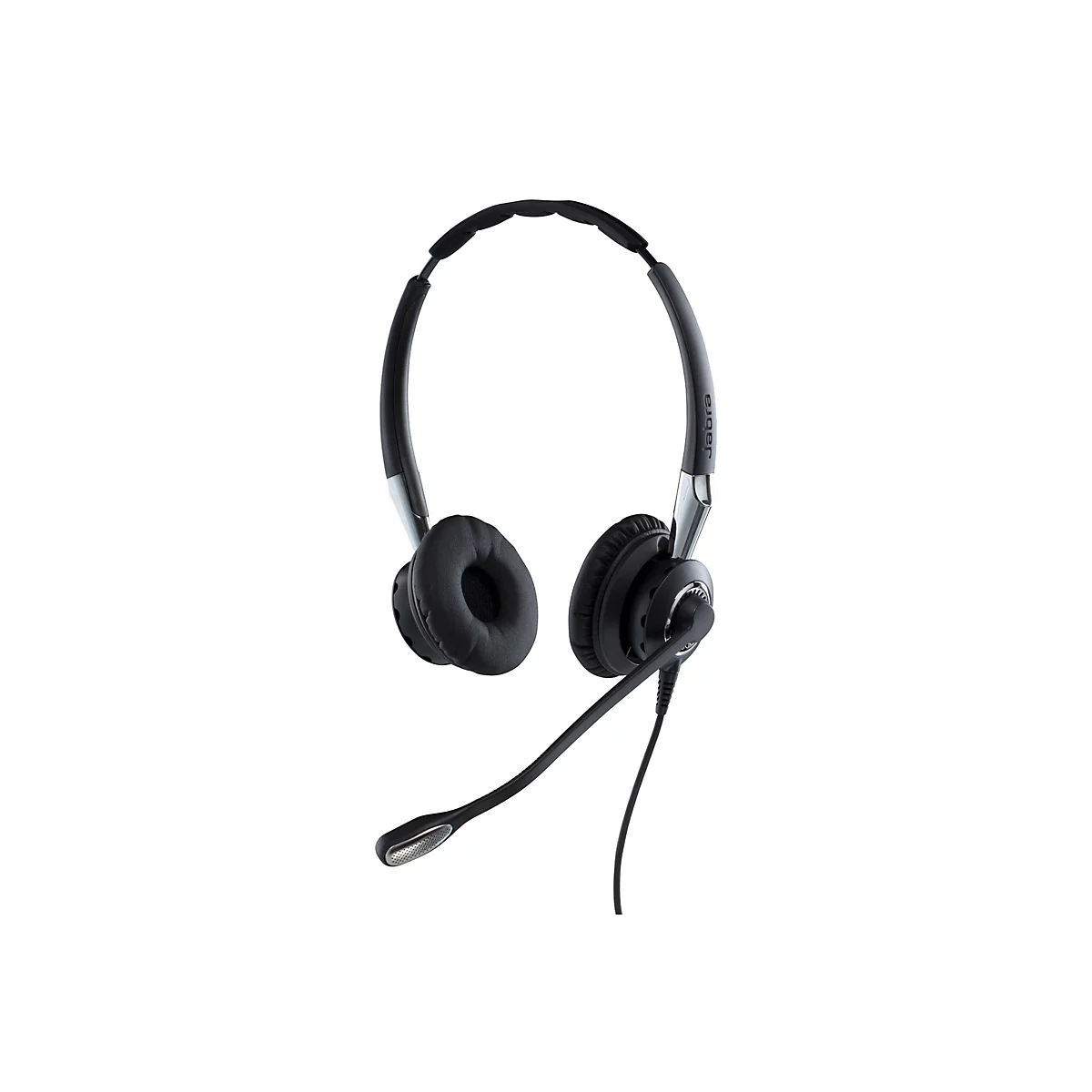 Schwarzes Headset mit Mikrofon, Jabra-Logo. Gepolsterte Ohrmuscheln, Bügel über Kopf, Mikrofonarm. Auf weißem Hintergrund.