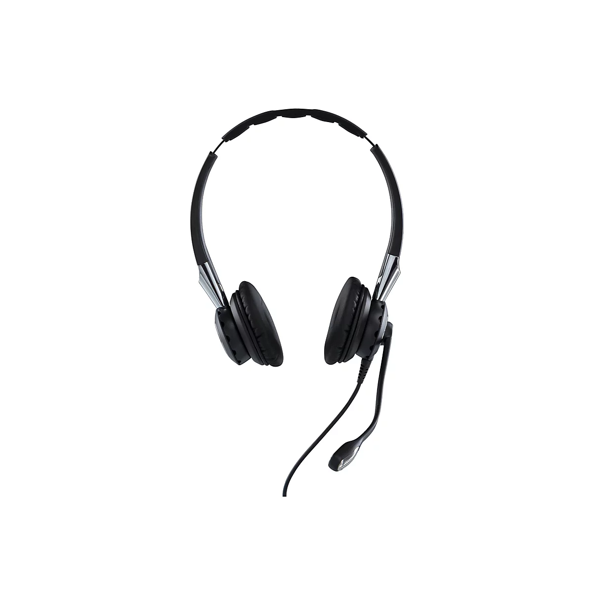 Ein schwarzes Headset mit Ohrmuscheln, Mikrofon und Bügel. Auf weißem Hintergrund.