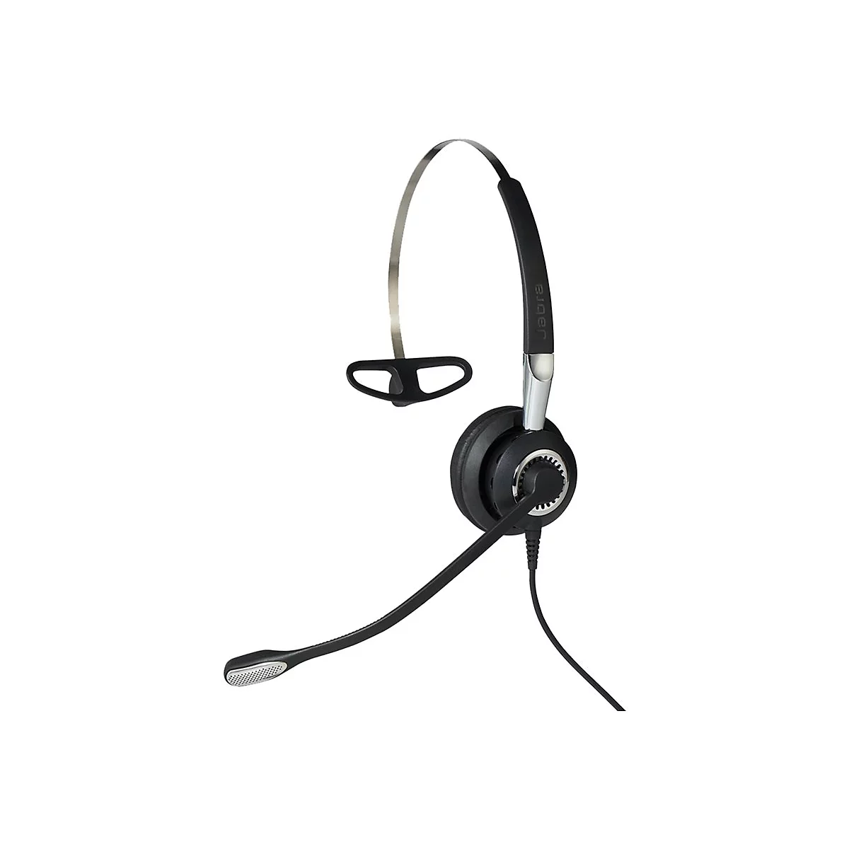 Ein schwarzes Headset mit Mikrofon auf weißem Hintergrund, Marke Jabra.