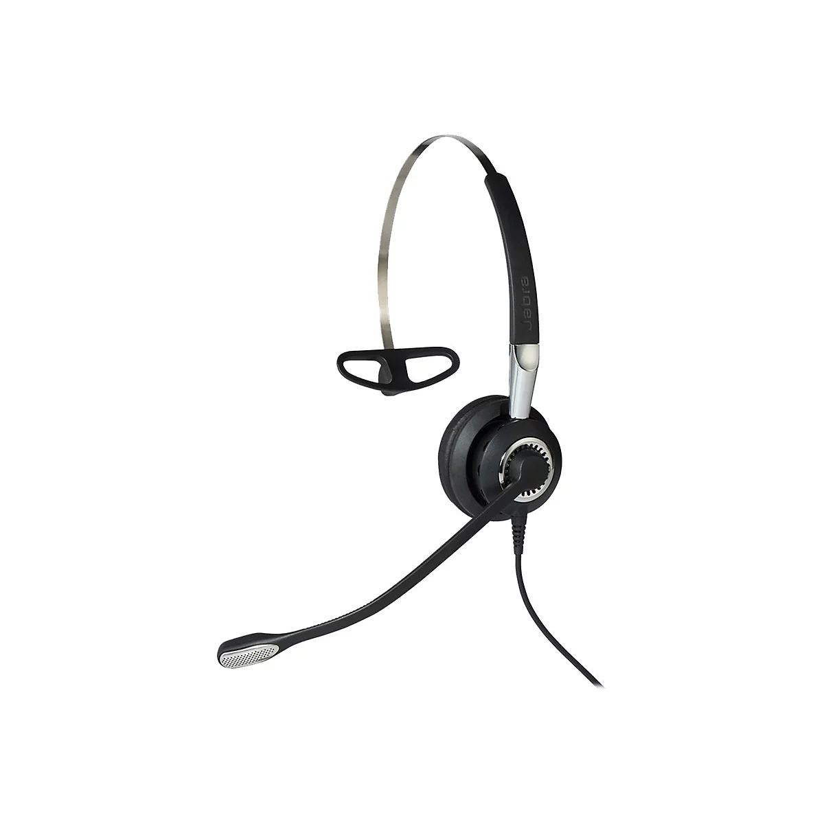 Schwarzes Headset mit Mikrofon, BÃ¼gel und OhrbÃ¼gel, vor weiÃŸem Hintergrund.