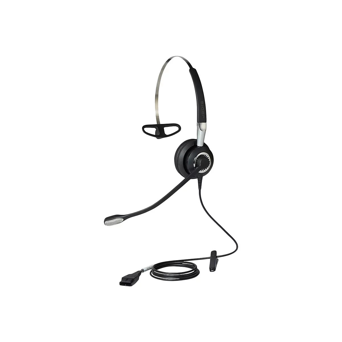 Schwarzes Headset mit Mikrofon und Kabel, vor weißem Hintergrund. Der Kopfbügel ist silberfarben, das Mikrofon hat eine gepunktete Oberfläche.