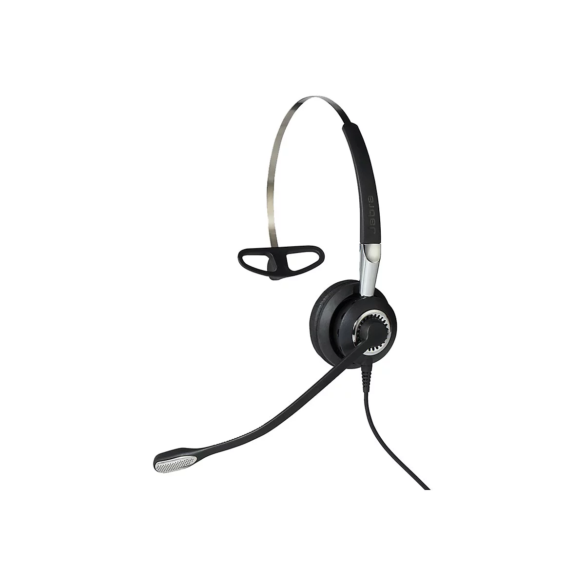 Ein schwarzes Headset mit Mikrofon und Jabra-Logo. Der Bügel verläuft über den Kopf und endet in einem Ohrbügel.