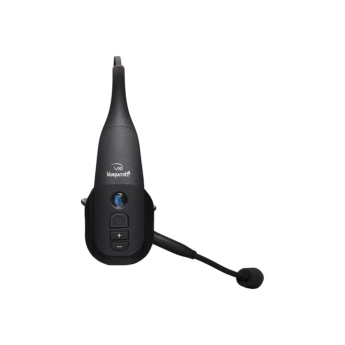 Ein schwarzes BlueParrott Bluetooth-Headset, Detailaufnahme. Auf dem Headset befinden sich Bedienelemente und das Logo.
