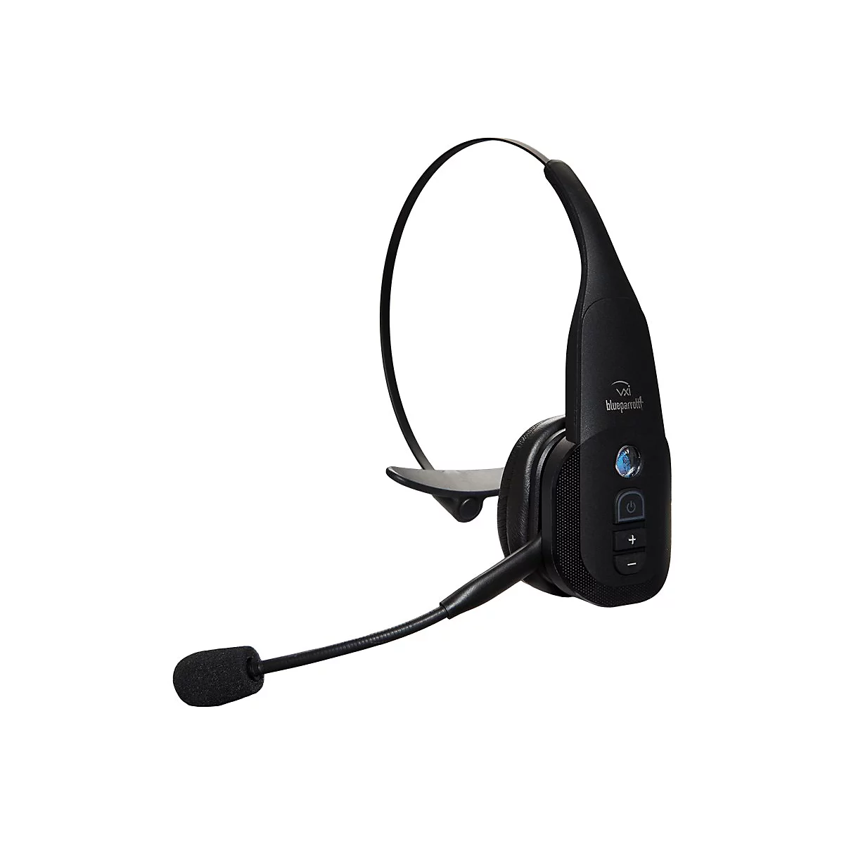 Schwarzes Bluetooth-Headset mit Mikrofon auf weißem Hintergrund. Auf dem Headset sind Knöpfe und das Logo 'blueparrott' zu sehen.