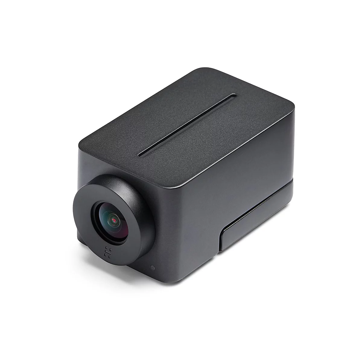 Dunkelgraue Überwachungskamera mit rundem Objektiv und flachem Gehäuse, Detailansicht.