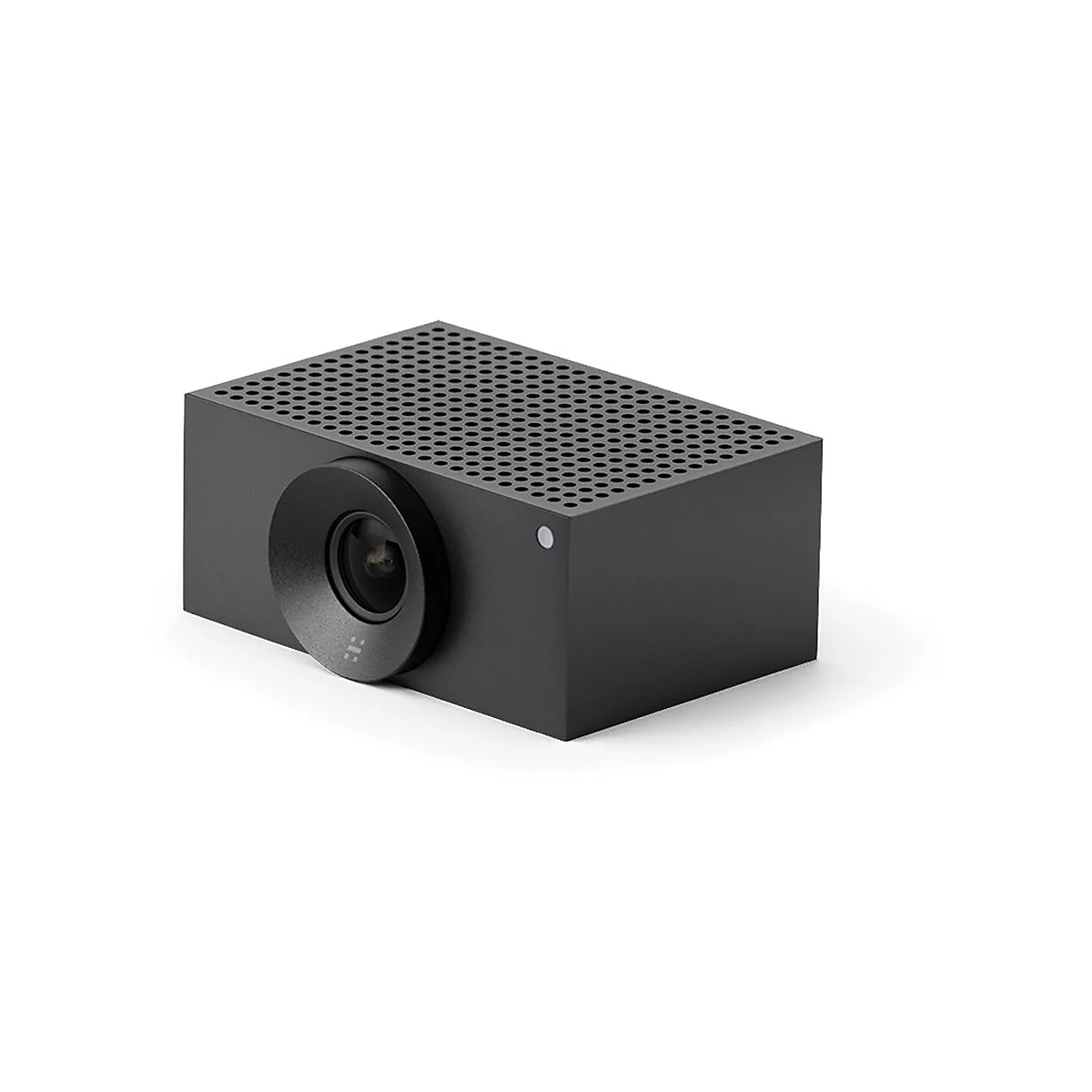 Schwarze Kamera mit Lochmuster auf der Oberseite und rundem Objektiv. Ein weißer Punkt befindet sich auf der Seite.