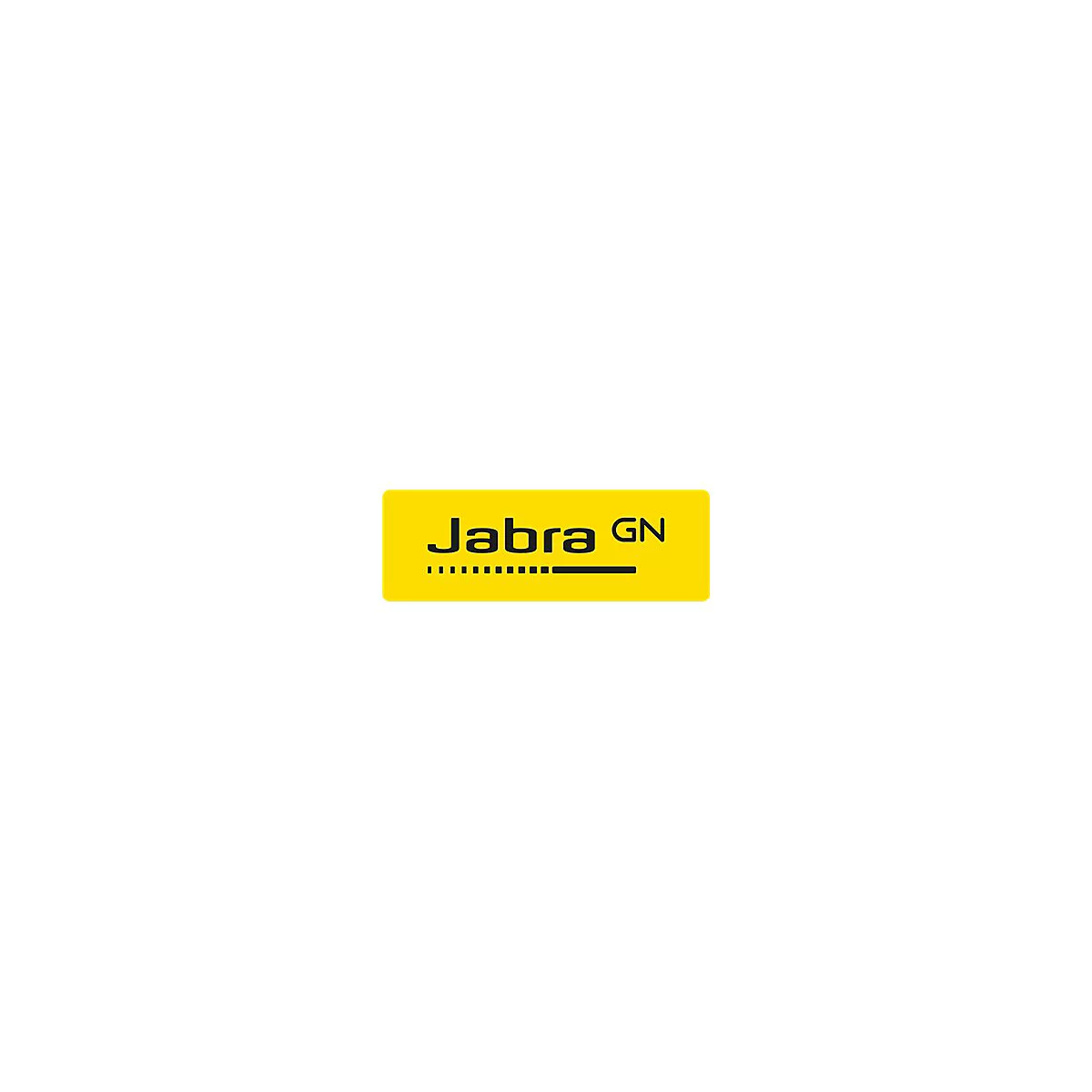 Gelbes Schild mit dem Wort Jabra und GN in schwarzer Schrift, darunter ein Strichcode-ähnliches Muster.