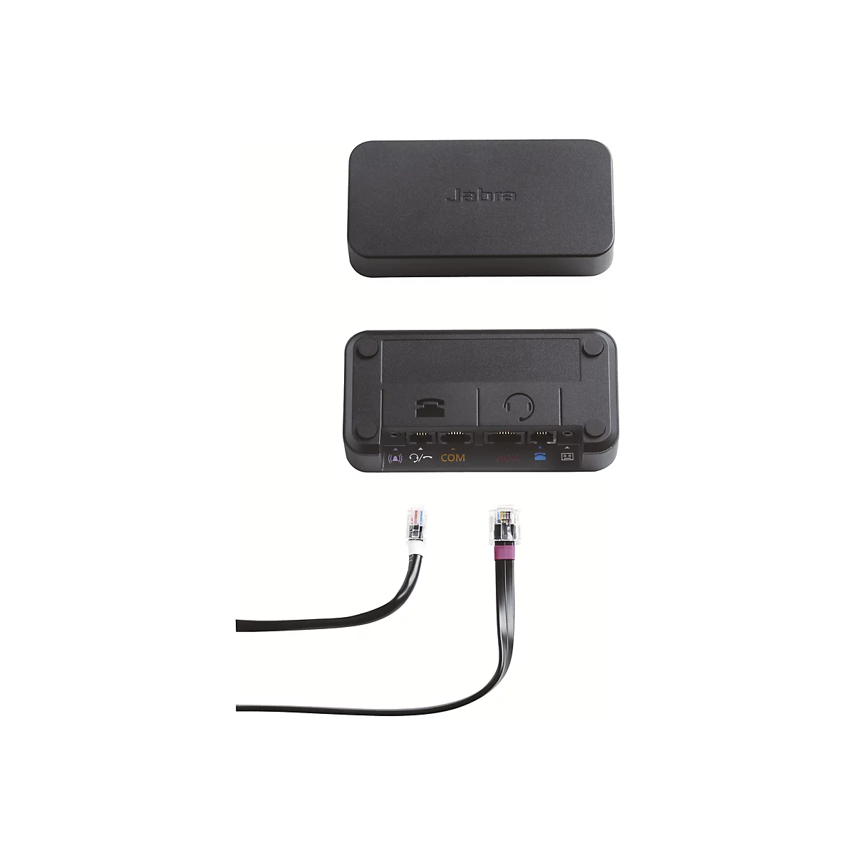Draufsicht auf ein Jabra-Telefonmodul, bestehend aus drei Elementen: Deckel, Hauptmodul und zwei Kabel mit RJ-Buchsen.