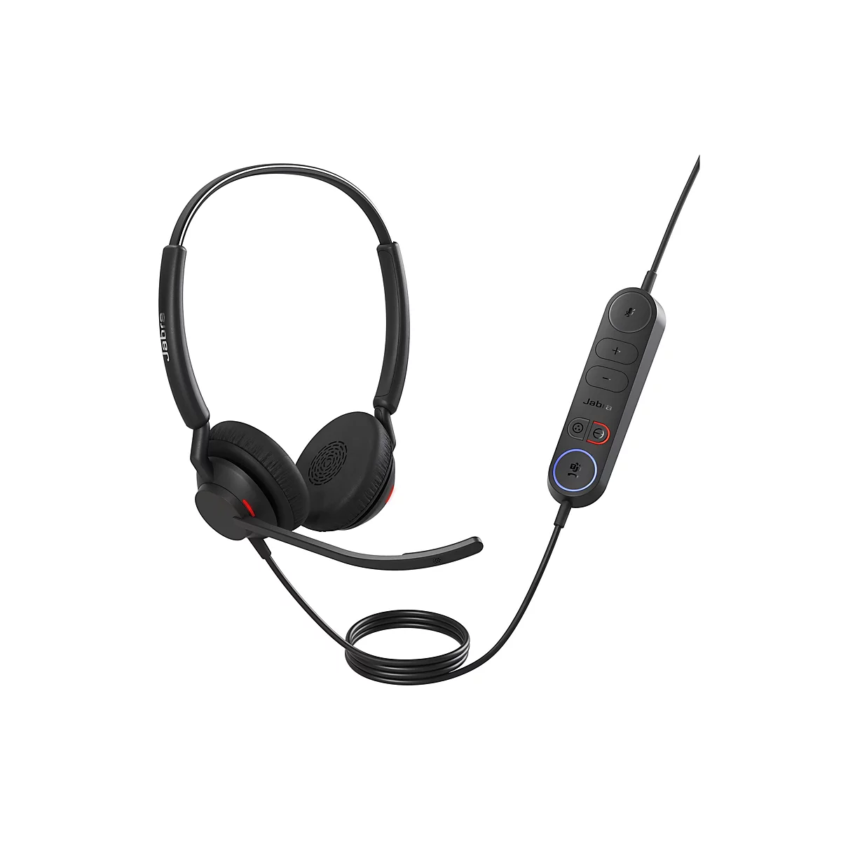 Schwarzes Jabra-Headset mit Bügel und Mikrofon, sowie einer Fernbedienung mit Knöpfen. Das Headset ist auf weißem Hintergrund abgebildet.