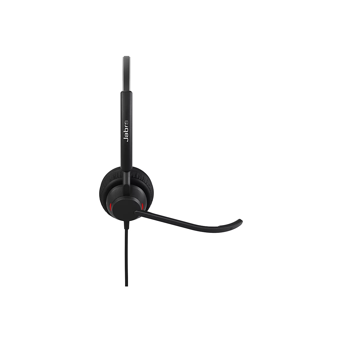 Schwarzes Jabra Headset mit Mikrofon auf weißem Hintergrund.