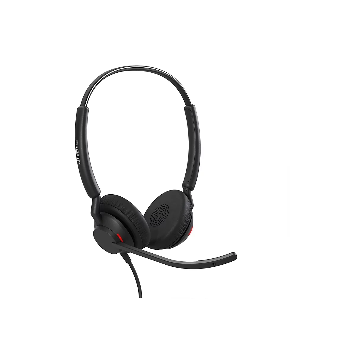 Schwarzes Jabra-Headset mit roter Akzentfarbe. Mikrofonarm, Kopfband mit silberner Linie. Auf weißem Hintergrund.