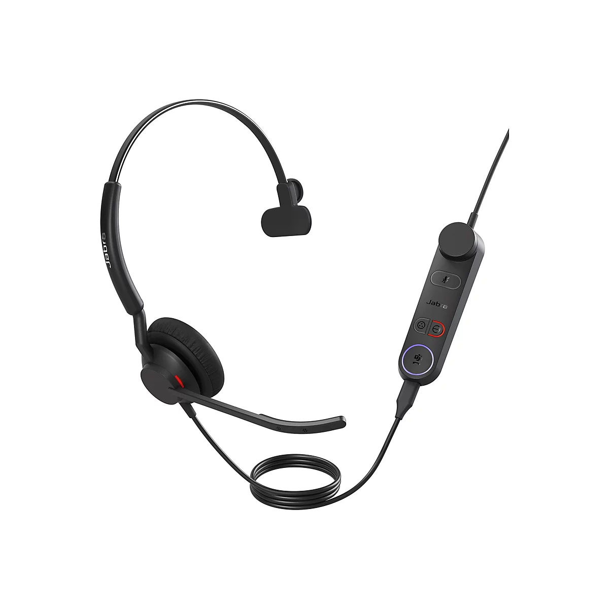 Schwarzes Jabra-Headset mit Bügel und Mikrofon. Kabel mit Bedienelementen und Logo.