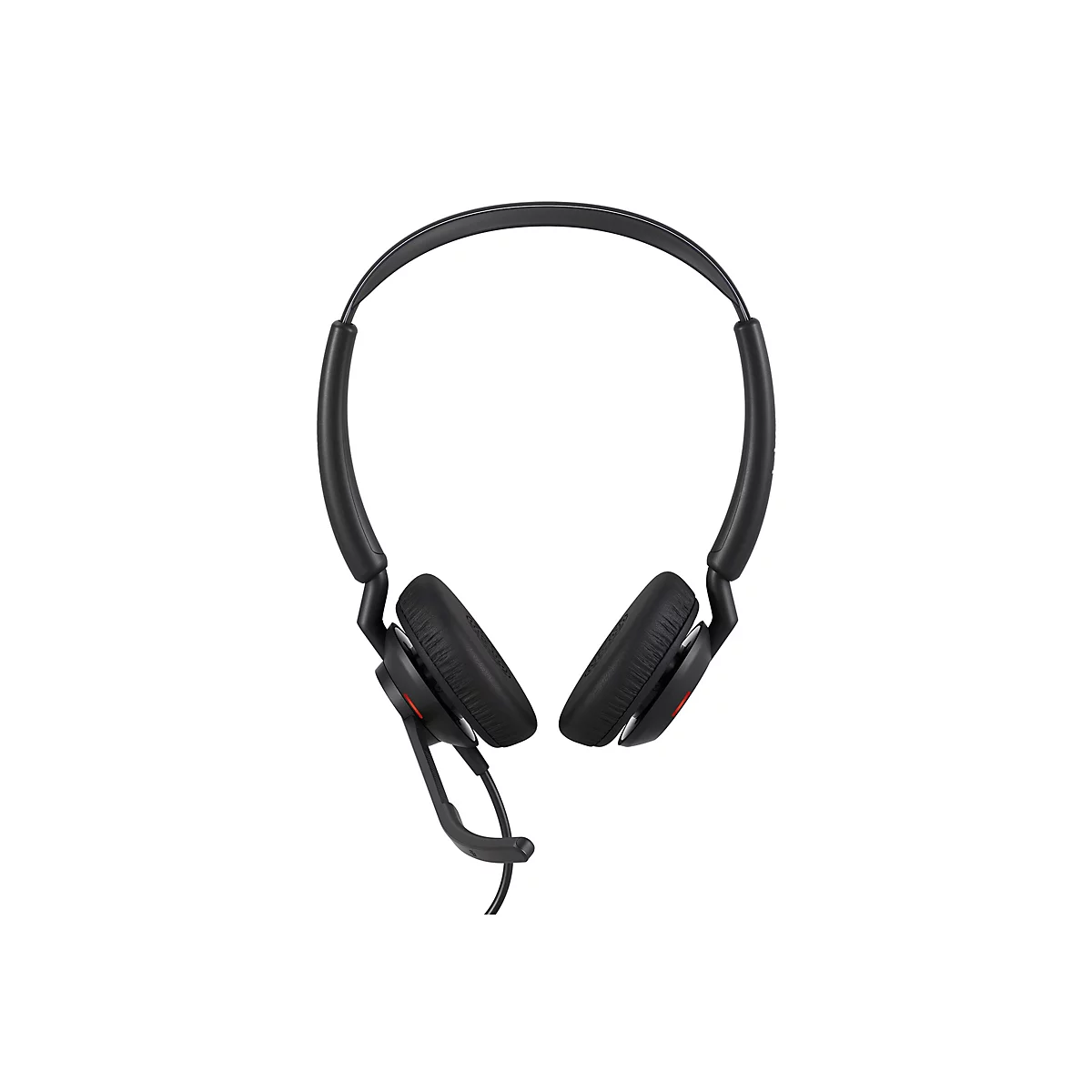 Schwarzes Headset auf weißem Hintergrund. Sichtbar sind Ohrpolster, Bügel und Mikrofon.
