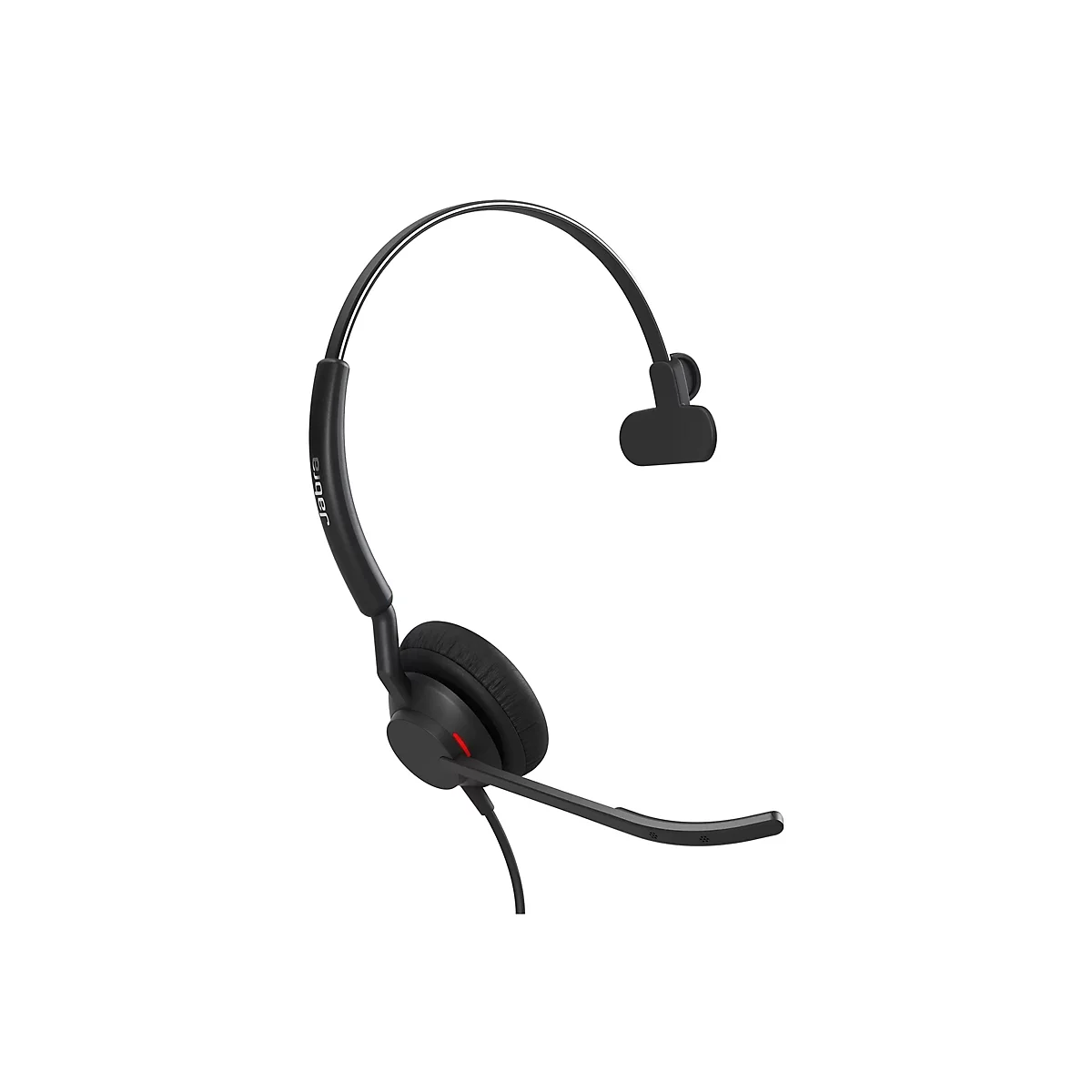 Schwarzes Headset, Jabra-Logo, Mikrofon, roter Knopf, Kabel.