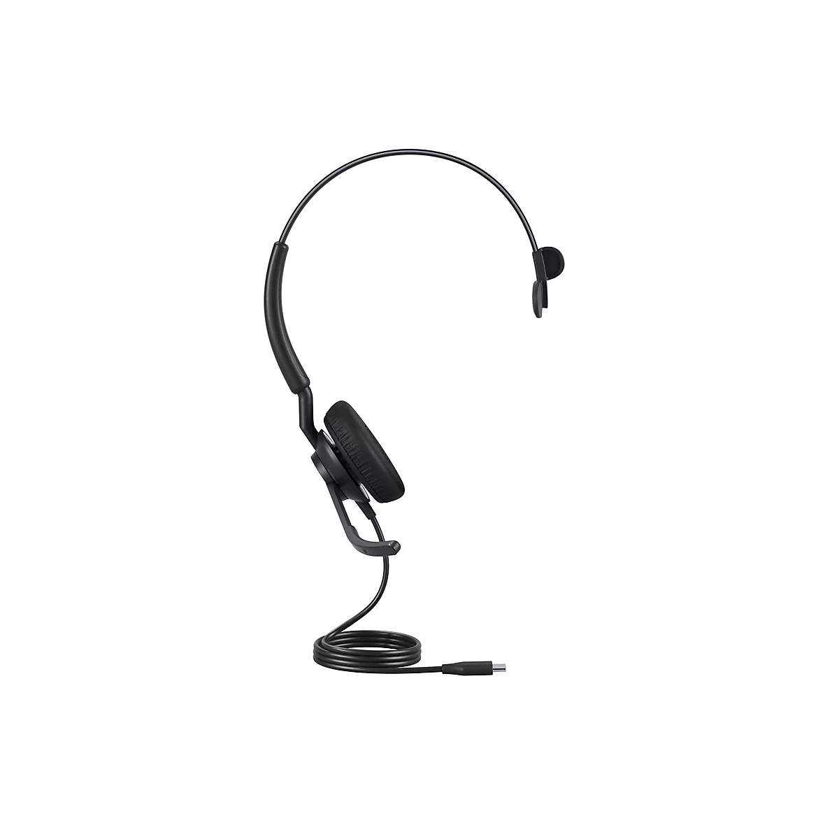 Schwarzes Headset auf weißem Hintergrund. Das Headset hat einen Bügel, ein Ohrpolster und ein Kabel.