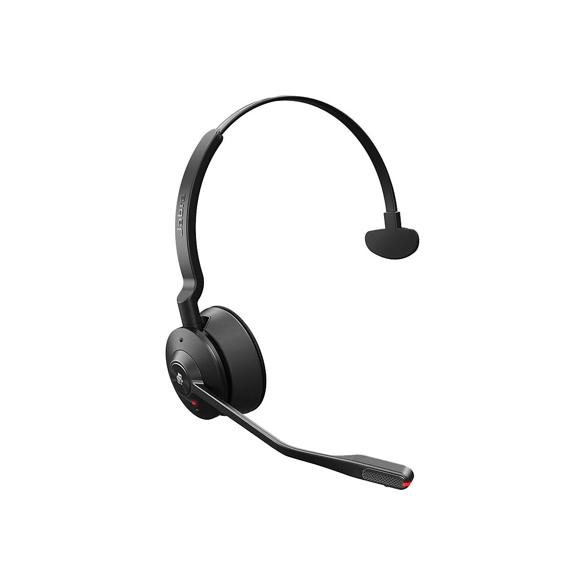 Schwarzes Headset mit Mikrofon und Jabra-Logo vor weißem Hintergrund. Das Headset hat einen Bügel, der über den Kopf geht.
