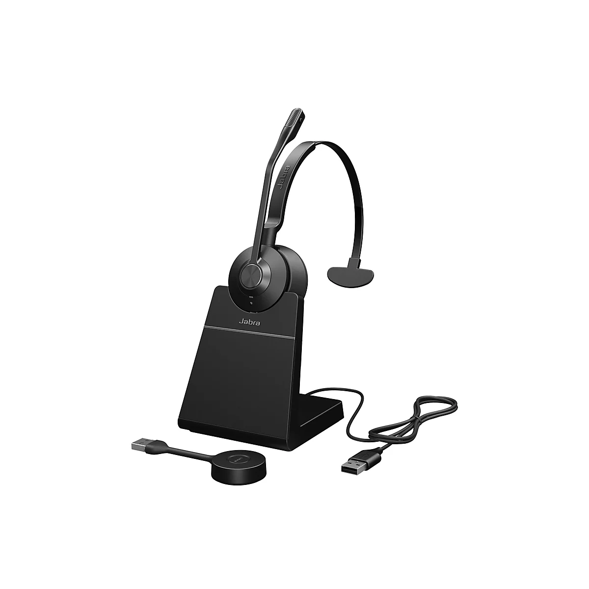Schwarzes Headset mit Ladestation. Auf der Station befindet sich ein Logo. USB-Kabel und EmpfÃ¤nger.