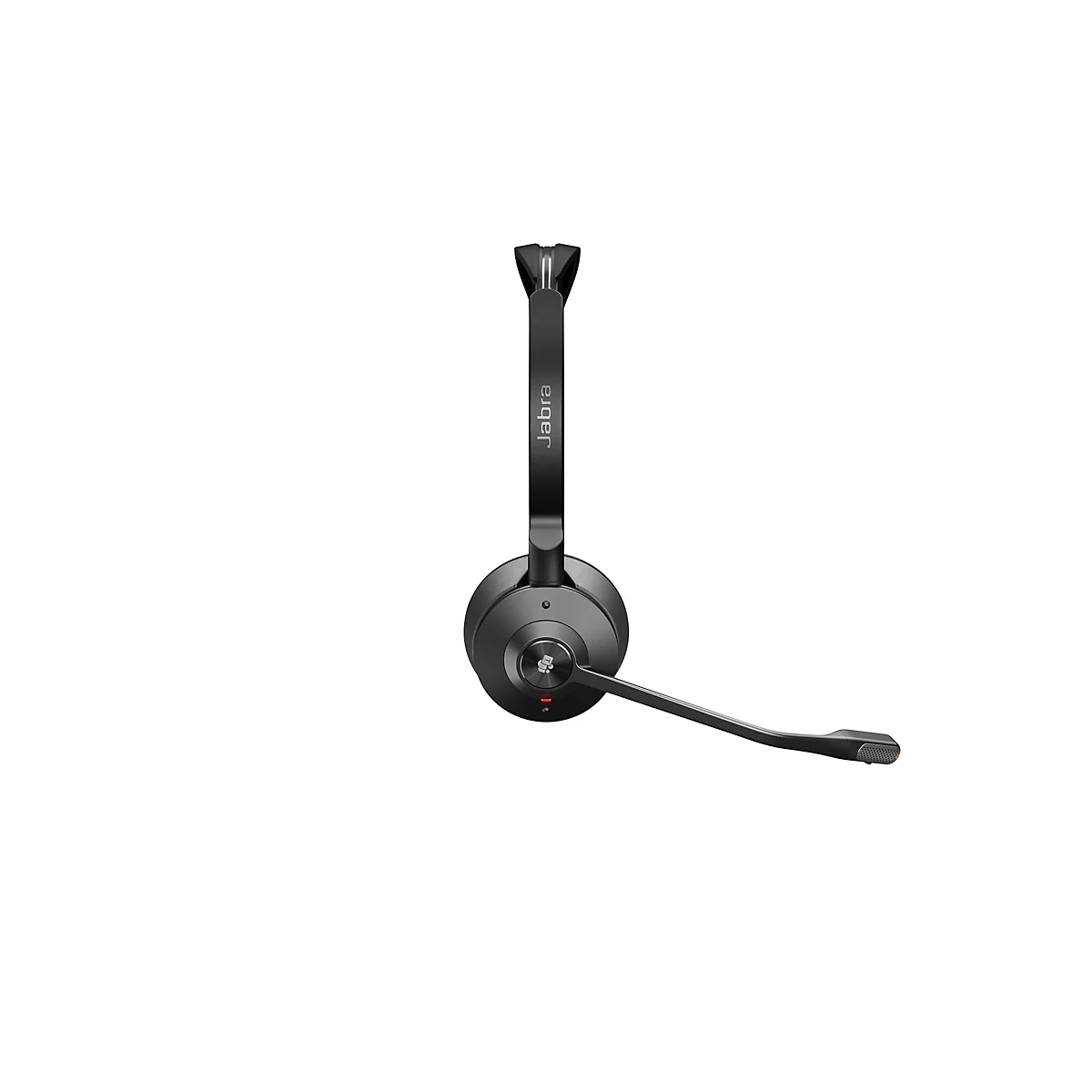 Schwarzes Jabra-Headset mit Mikrofonarm und rotem Knopf, vor weißem Hintergrund.