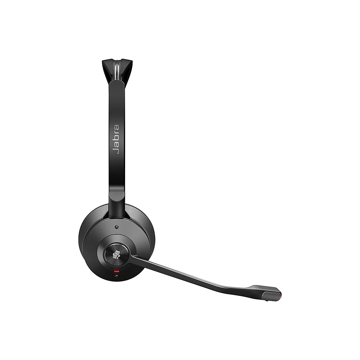 Schwarzes Jabra-Headset mit Mikrofon und Firmenlogo, vor weißem Hintergrund.