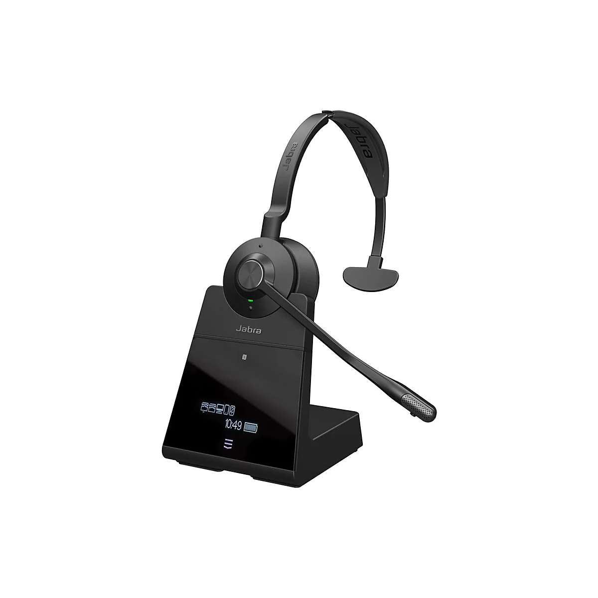Casque Jabra sans fil avec station de recharge sur fond blanc. La station affiche l'heure et l'état de la batterie.
