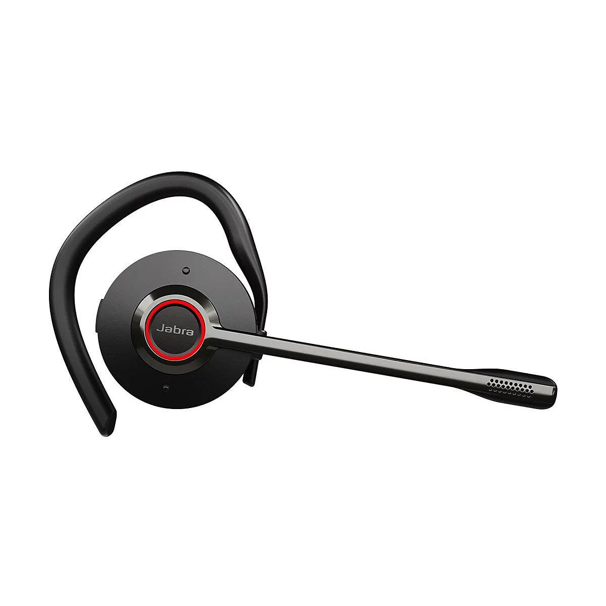 Schwarzes Jabra Bluetooth-Headset mit rotem Akzent. Das Headset liegt vor weißem Hintergrund.
