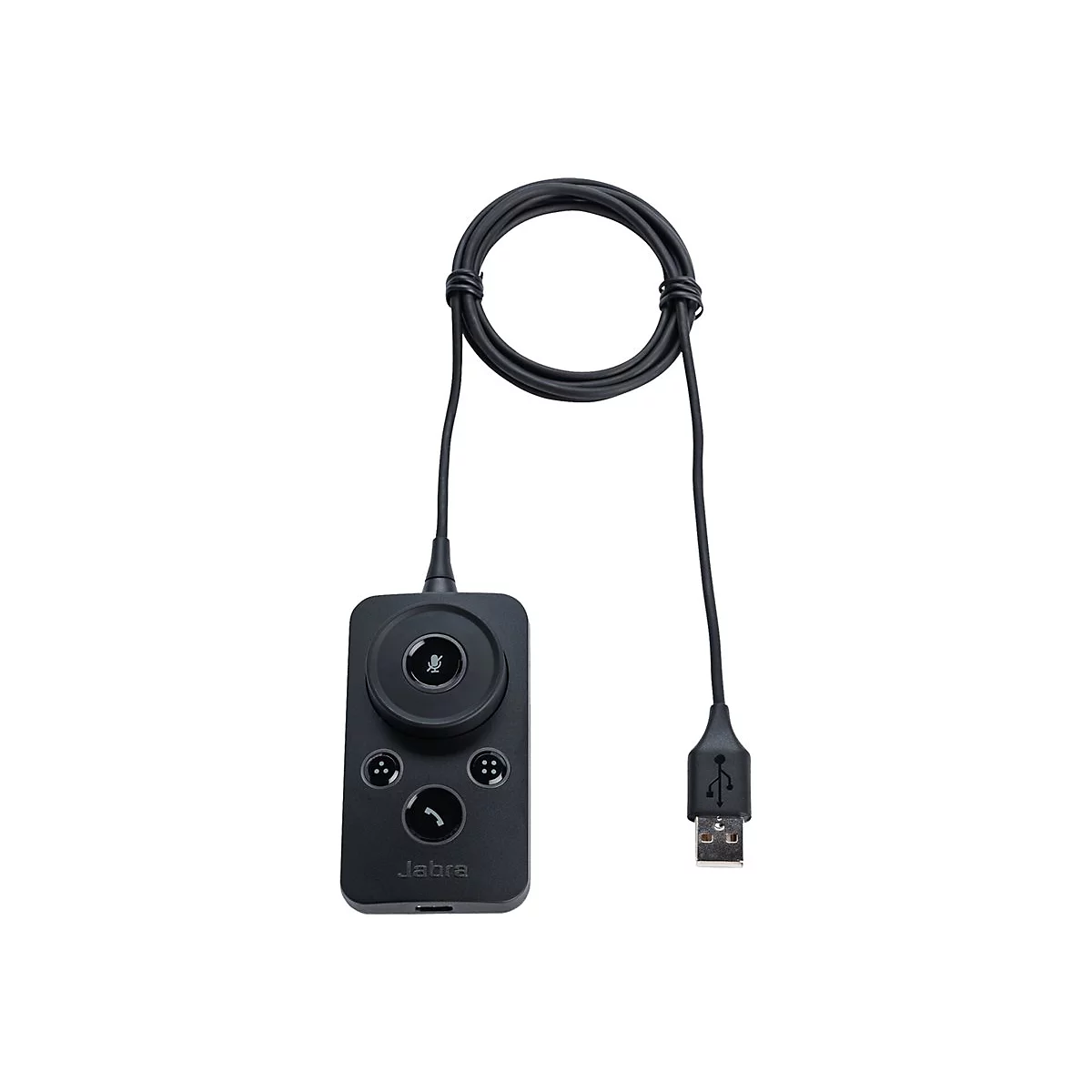 Schwarze Jabra USB-Steuereinheit mit Kabel, Mikrofontaste, Lautstärkereglern und Anruftaste auf weißem Grund.