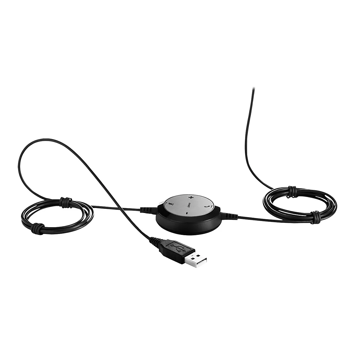 Schwarzes USB-Headset mit Kabel, Lautstärkereglern und USB-Anschluss, isoliert auf weißem Hintergrund.