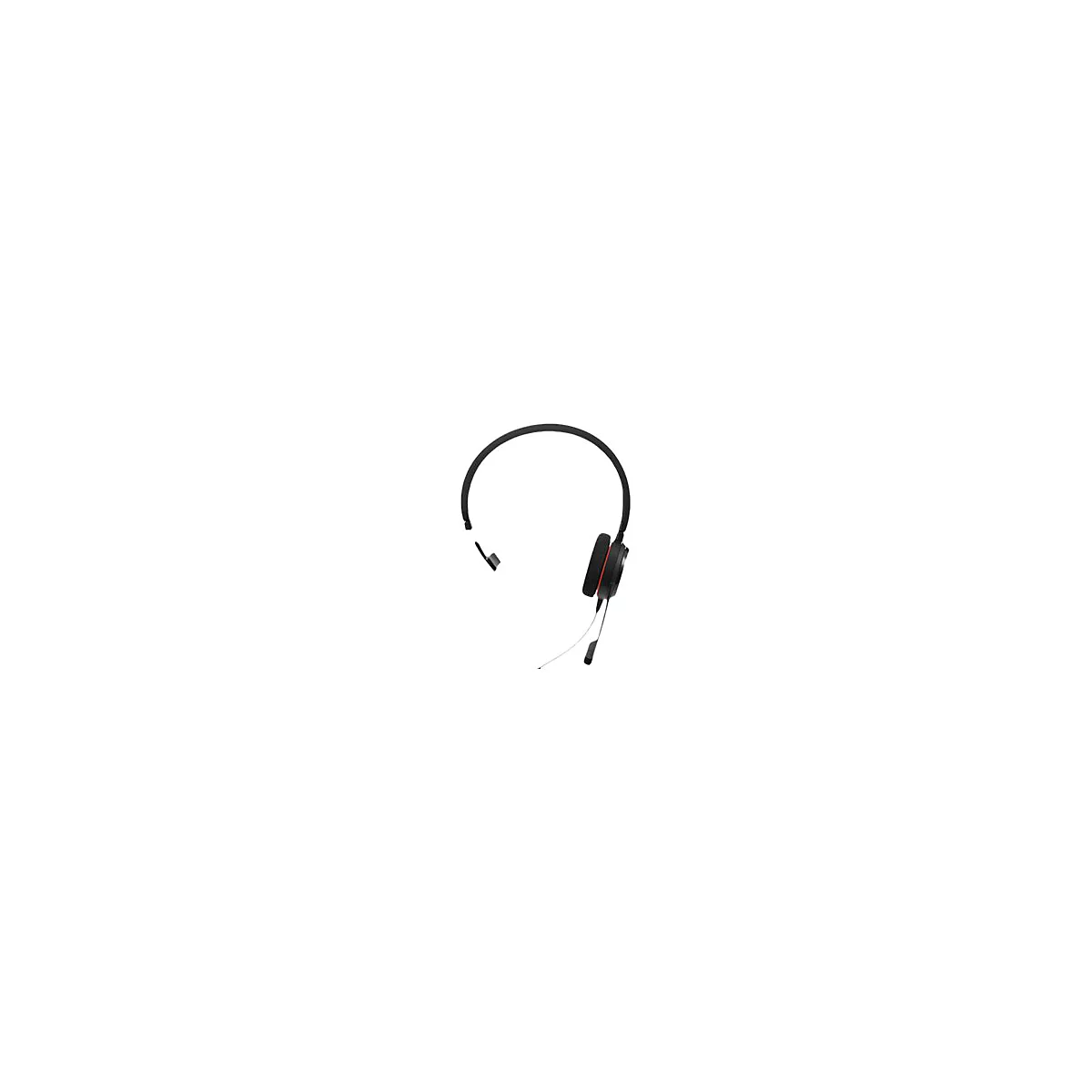 Casque noir avec un accent rouge. Un microphone dÃ©passe de l'Ã©couteur droit.